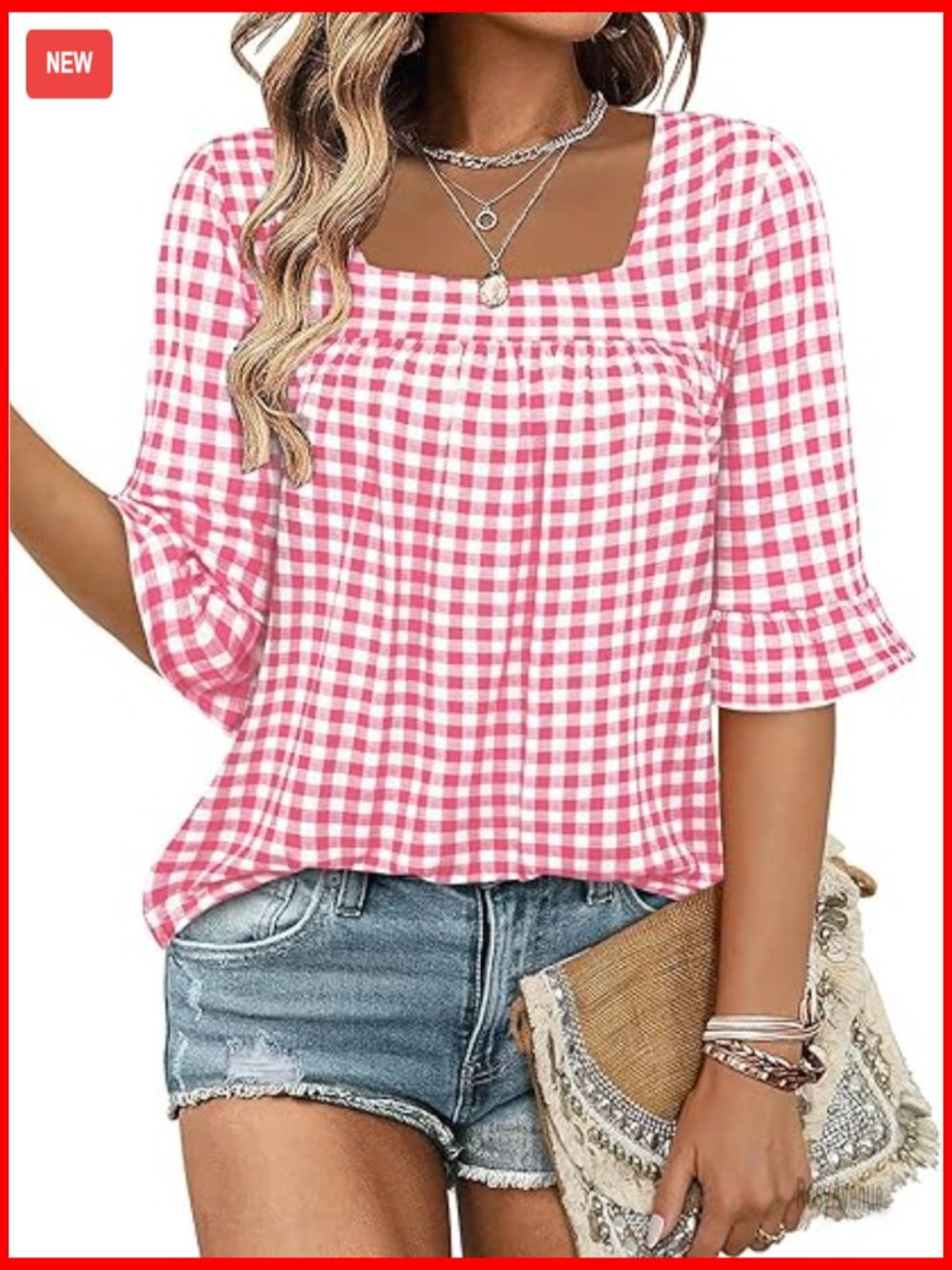 3/4 Sleeve Square Neck Ruffle Blouse Tunic Dressy Casual Top - Picture 1 of 6